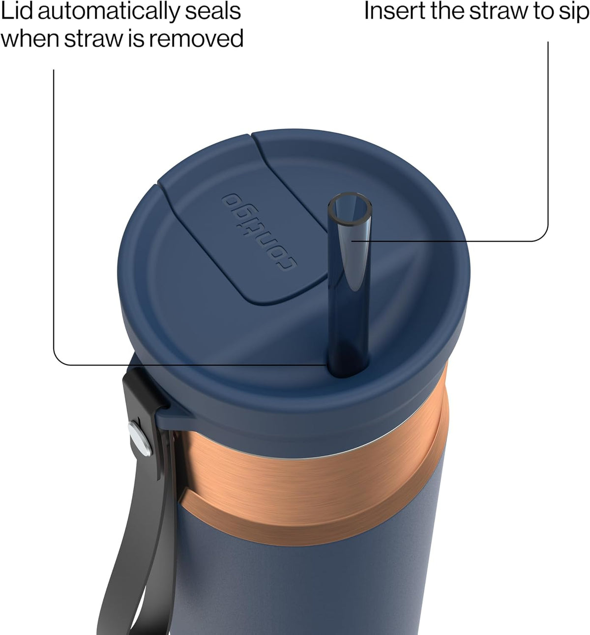 Contigo SnapSeal - Botella de agua de acero inoxidable de 24 onzas aislada al vacío con tapa de cierre automático a prueba de fugas, correa de transporte y popote reutilizable, sin BPA y sin plomo