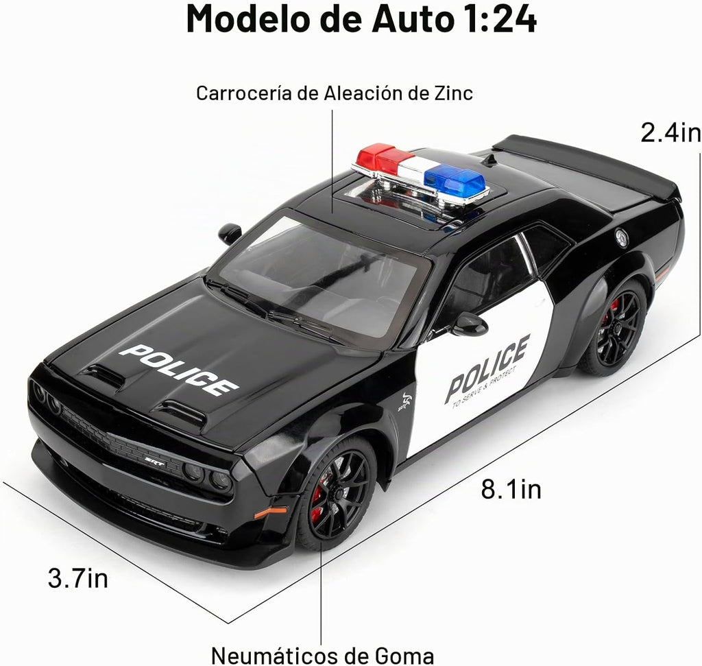 Modelo de coche de policía coleccionable 1:24 Challenger SRT Hellcat juguete, vehículo fundido a troquel con luces y sonidos, juguete de auto modelo de decoración para adultos y niños, regalos de cumpleaños