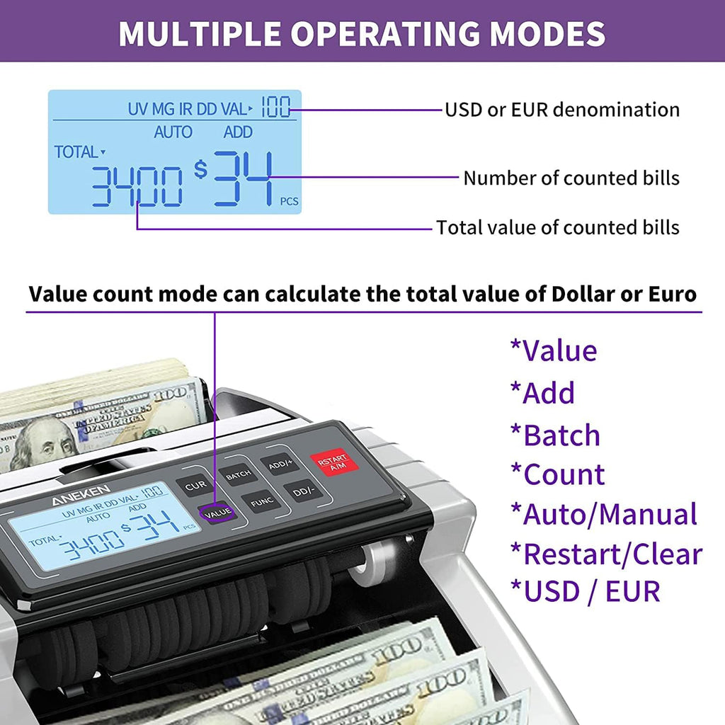 Aneken - Máquina contadora de dinero con conteo de valor, detector de billetes falsificados UV/MG/IR/DD/DBL/HLF/CHN para dólares y euros, modos de añadir y lote, contador de efectivo con pantalla LCD