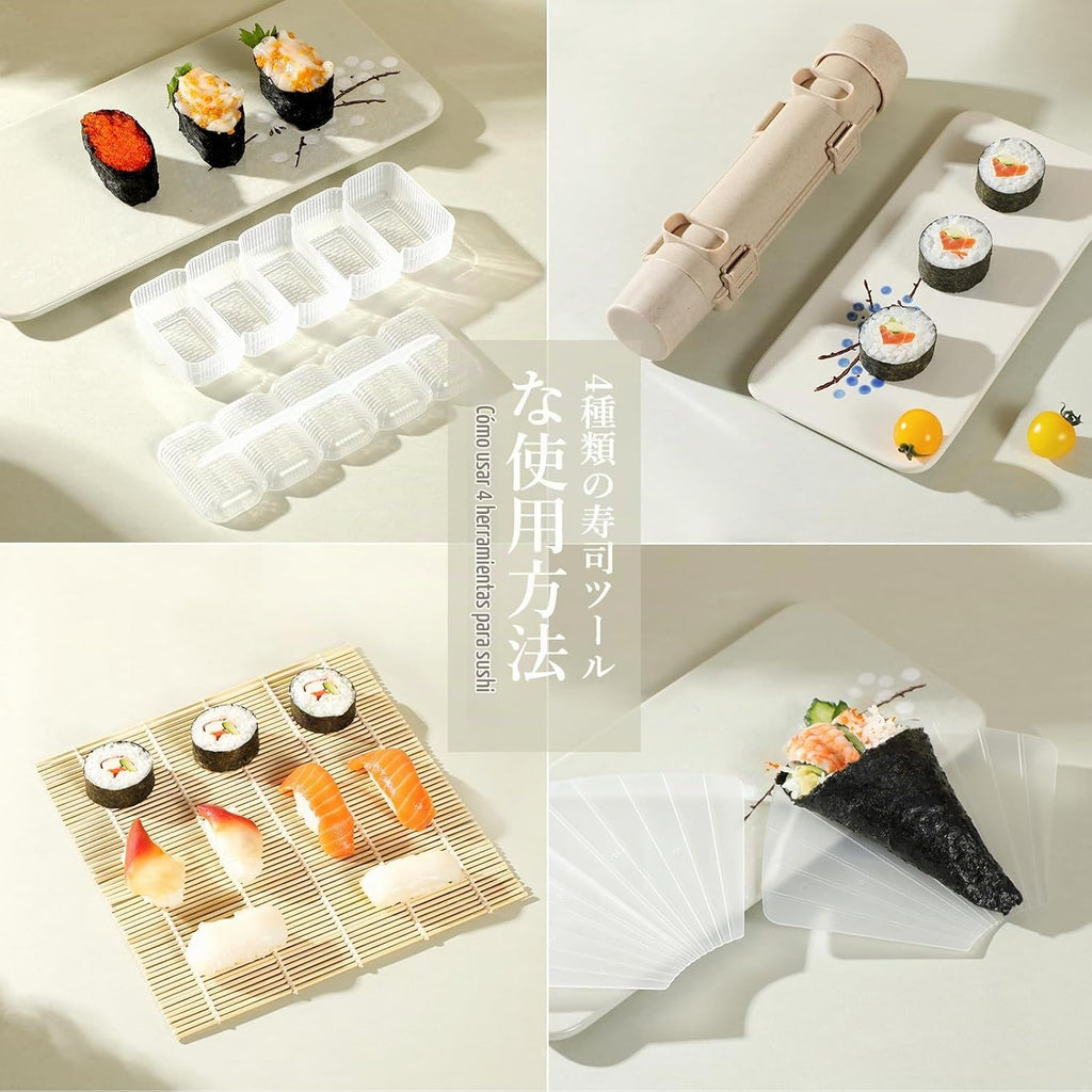 Delamu Kit de fabricación de sushi, kit de rodillos de bazuca 20 en 1 con cuchillo de chef, alfombrillas de bambú, molde de arroz, alfombrillas de sushi Temaki, paleta de arroz, esparcidor, palillos,