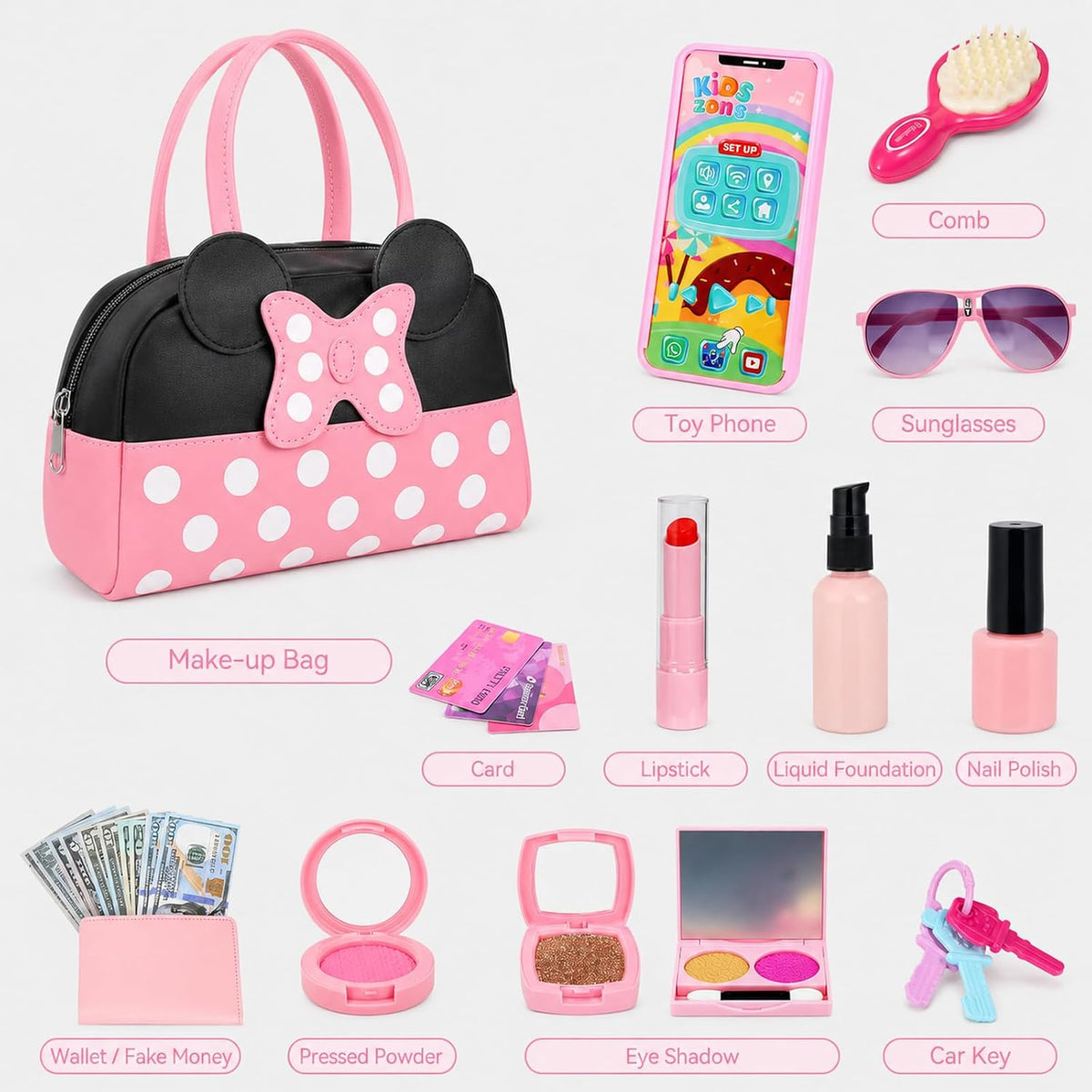 Bolso de juego de simulación para niñas pequeñas, bolso para niños pequeños con juguetes de maquillaje de simulación para niños pequeños, juguetes de bolso de juego de simulación de princesa con