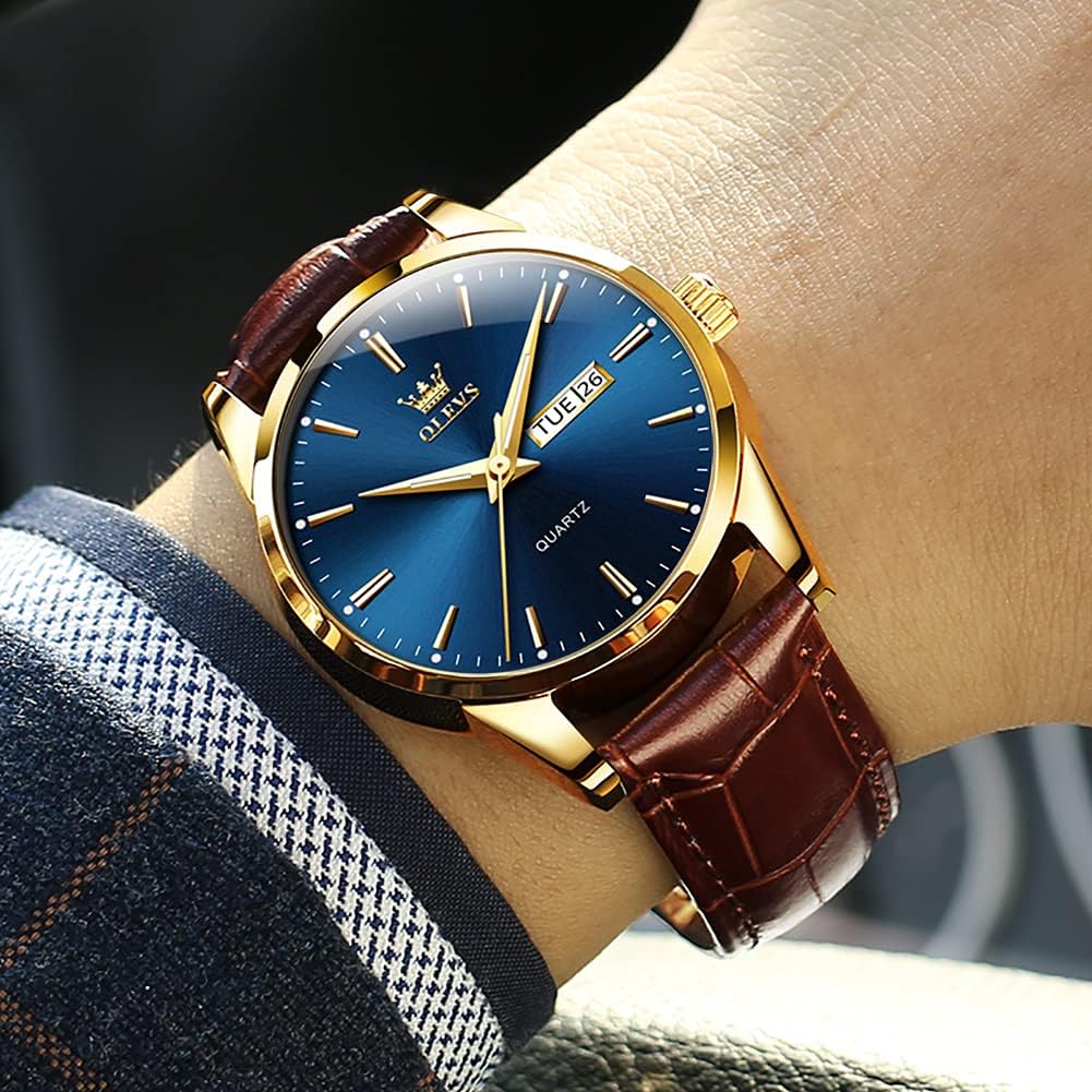 OLEVS Reloj de piel marrón para hombre, lectura elegante de vestir, reloj de pulsera con fecha diaria, cuarzo