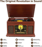 Reproductor de Discos Bluetooth 10 en 1, Giradiscos de 3 Velocidades para Vinilo con Altavoces, Convertidor de LP a MP3, CD, Reproductor de Casete, Radio FM, Transmisión Inalámbrica | Caoba