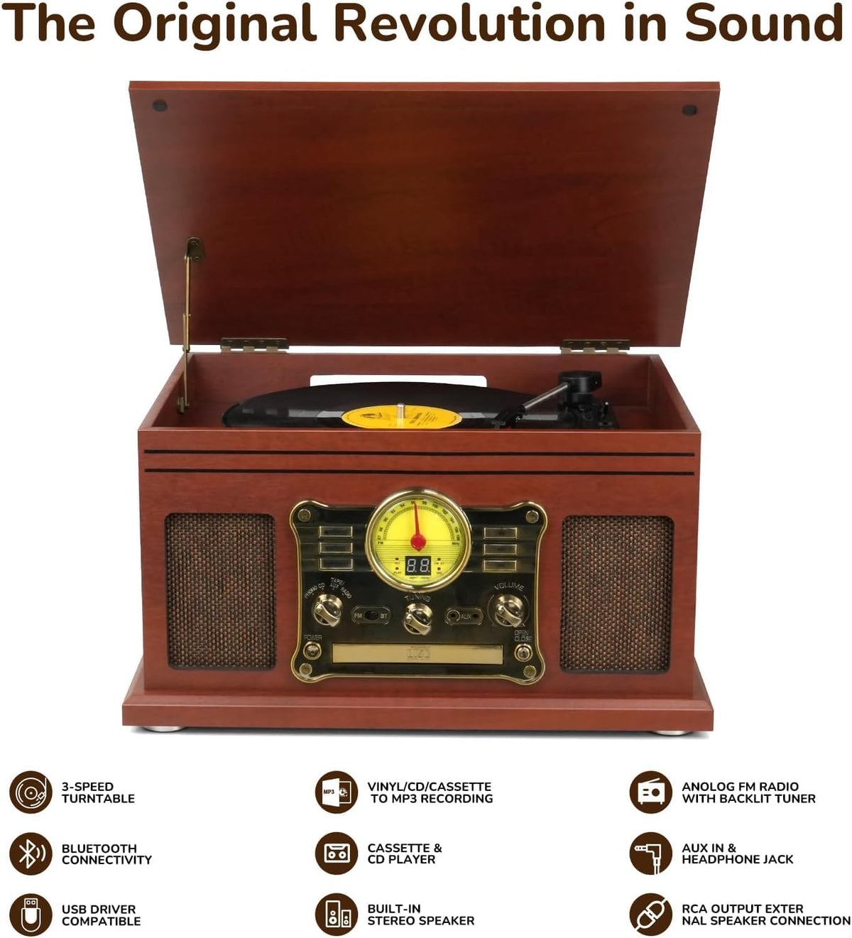 Reproductor de Discos Bluetooth 10 en 1, Giradiscos de 3 Velocidades para Vinilo con Altavoces, Convertidor de LP a MP3, CD, Reproductor de Casete, Radio FM, Transmisión Inalámbrica | Caoba