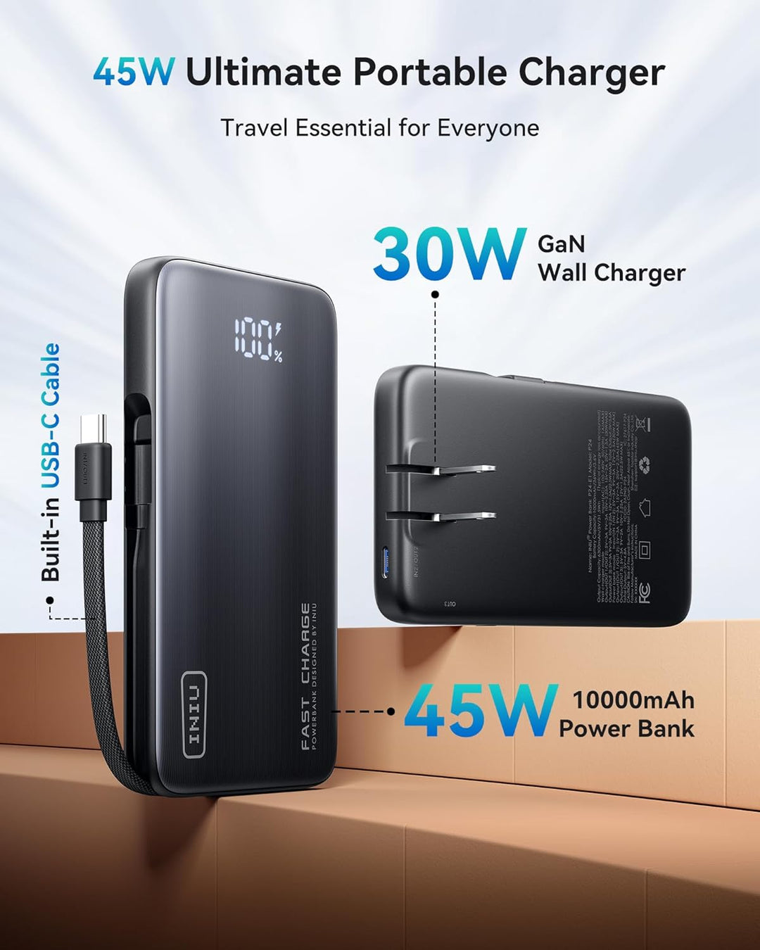 INIU Cargador portátil 3 en 1, banco de energía de carga rápida de...