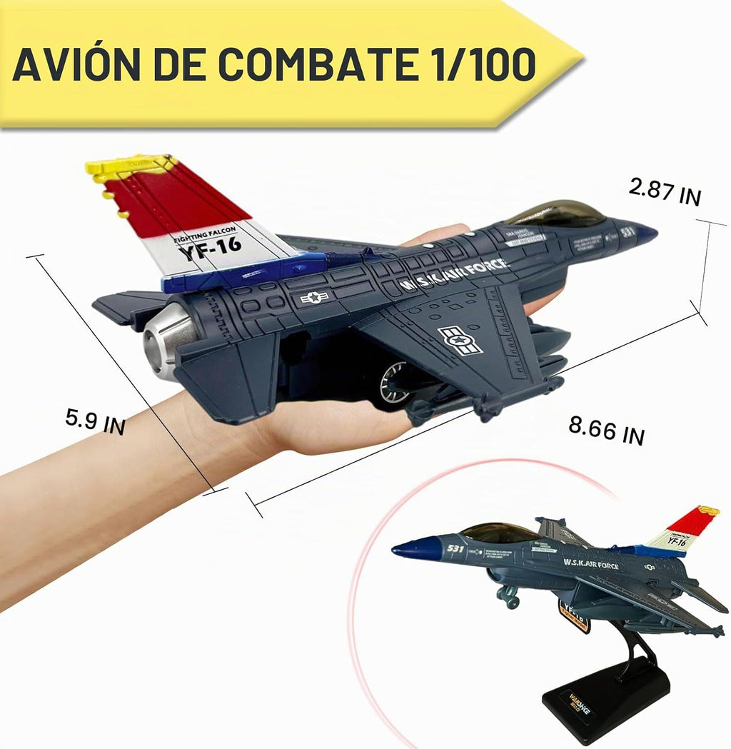 Fighter Jet Toy F-16 Jets de juguete para niños, avión militar del ejército de la fuerza aérea, juguete de caza de metal fundido a presión con luces y sonidos de efecto rociador para niños y