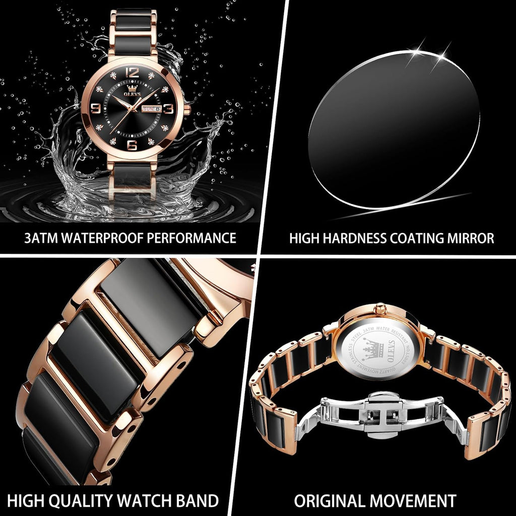 OLEVS Reloj para Mujer - Cara Pequeña, Correa de Cerámica y Acero Inoxidable, Lujo con Acentos Diamante, Elegante Reloj de Vestir para Damas, Resistente al Agua, Carga Luminosa de Cuarzo, Joyas Relojes Regalo para Mujeres