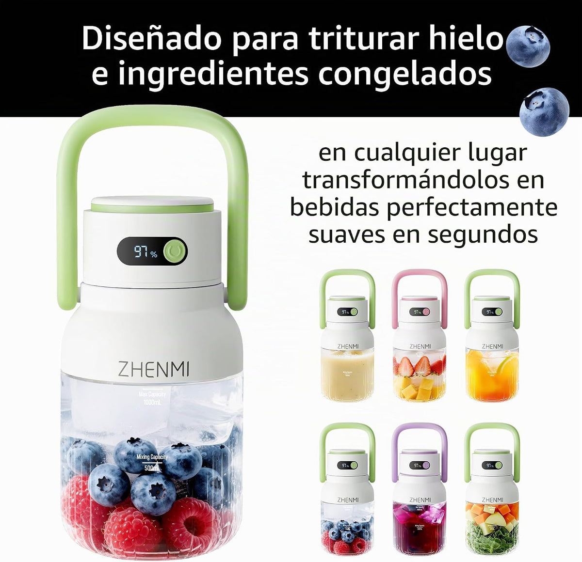 Licuadora portátil, licuadora personal para batidos y batidos, inalámbrica, recipiente sin BPA de 33 onzas, motor de 18000 rpm, tapa a prueba de fugas con boquilla para sorber, recargable
