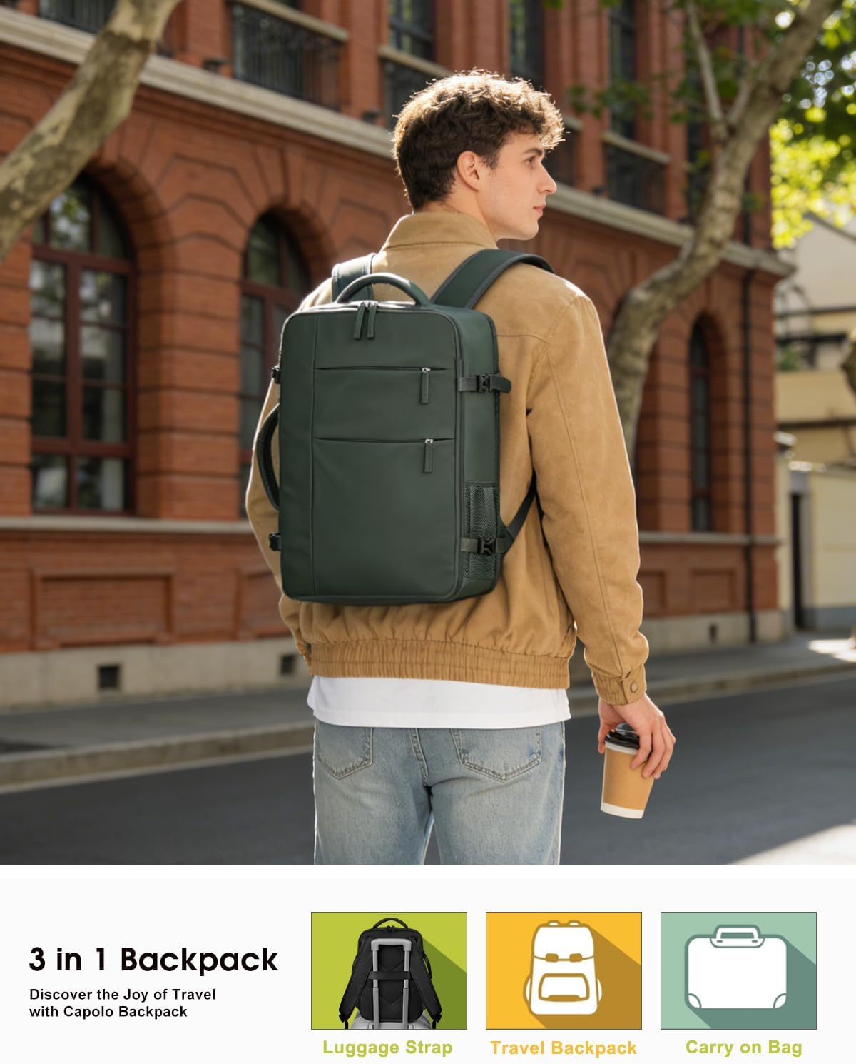 Capolo Mochila de viaje para mujeres y hombres, impermeable, para laptop, Verde, 17 pulgadas