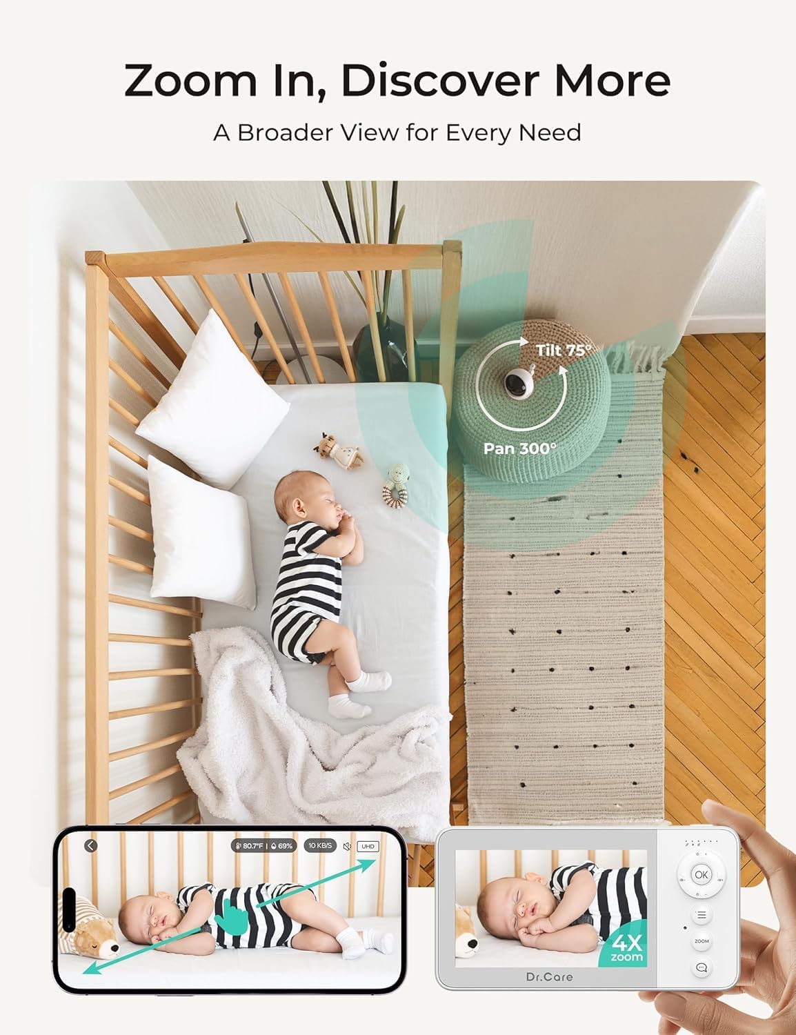 Dr.Care VistaView Lite RB Monitor de Niños Smart WiFi con 2 Cámaras, 4” 720P