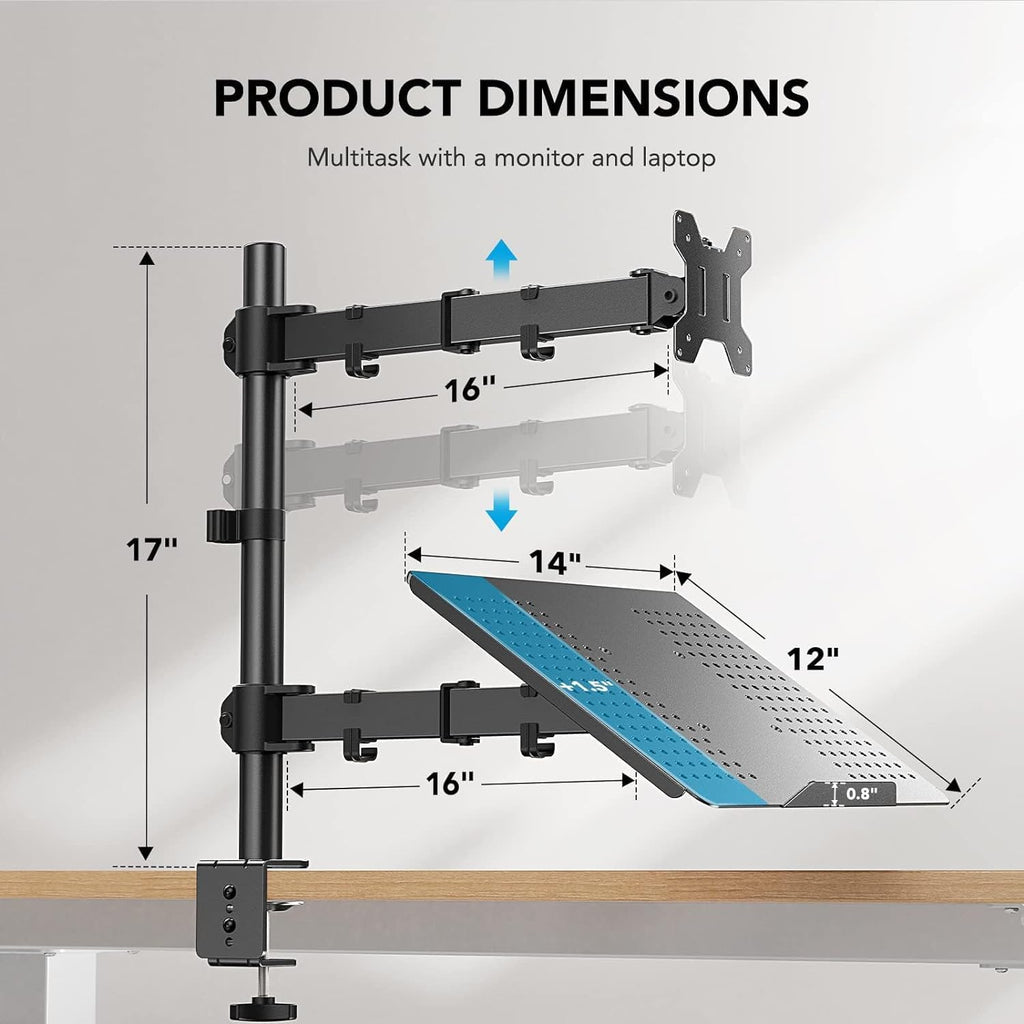 HUANUO - Brazo ajustable para monitor con bandeja para laptop, soporte de escritorio individual para monitores VESA de 13 a 32 pulgadas de hasta 22 libras, bandeja para laptop de 14 x 12 pulgadas