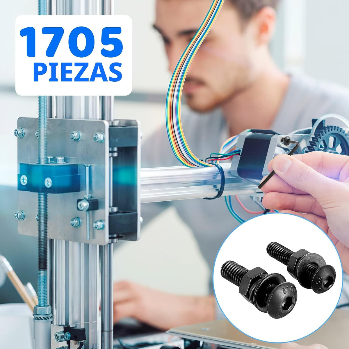 Kit de Surtido de Tornillos de Máquina de 1705 Piezas, Kit de Pernos y Tuercas Métricas M2 M3 M4 M5 con Arandelas de Seguridad y Planas, Juego de Tornillos de Cabeza Hexagonal de Botón de Acero