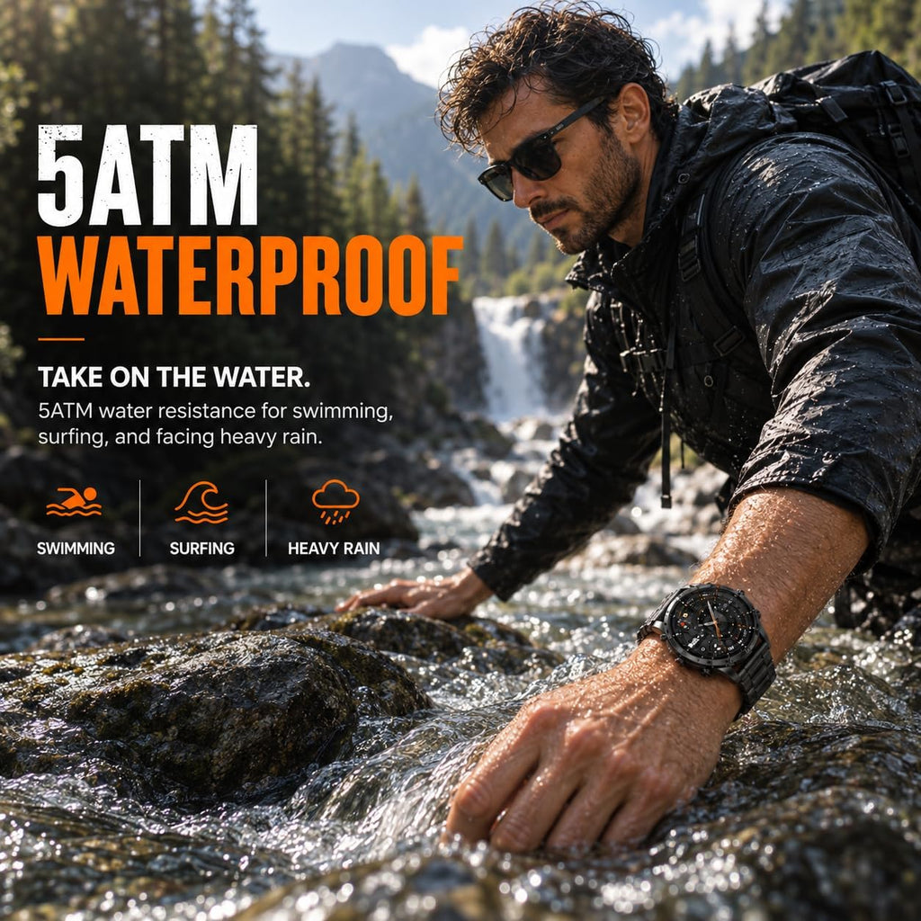 WalkerFit Reloj inteligente resistente para hombre, GPS independiente, rastreador táctico con altímetro, brújula, batería de 550 mAh, AMOLED de 1.43 pulgadas, cuerpo de metal, resistente al agua 5 ATM