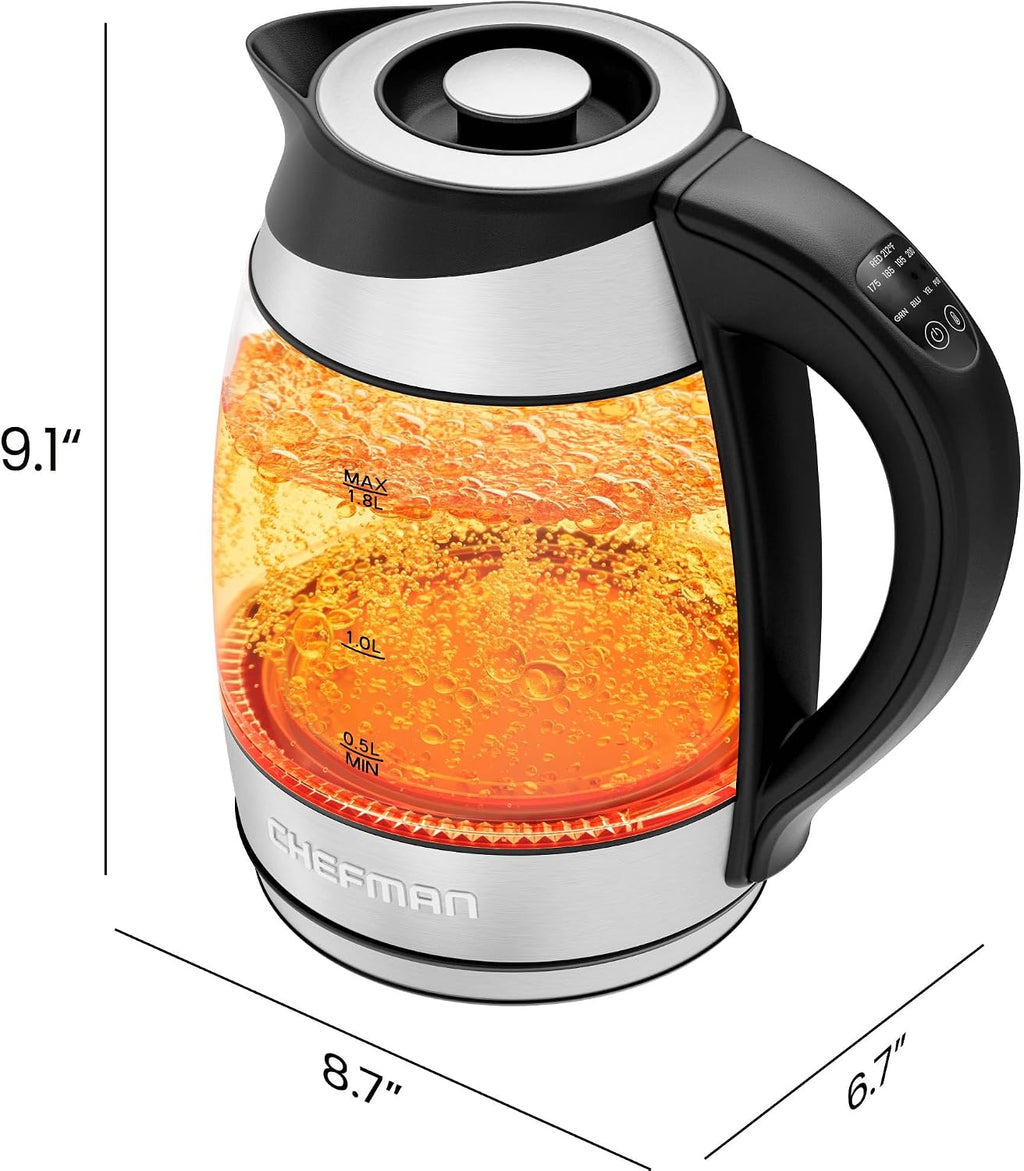 Chefman Hervidor eléctrico con control de temperatura, 5 luces indicadoras LED preajustadas, infusor de té extraíble, hervidor de té de vidrio y caldera de agua caliente, base giratoria de 360°, sin BPA, acero inoxidable, 1.8 litros