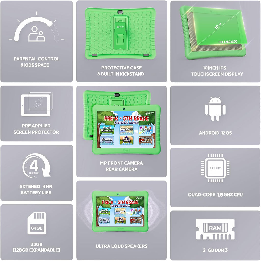 Contixo Paquete de tableta Android Kids de 10 pulgadas, 32 GB, con aplicaciones educativas épicas y Lingokids, controles parentales, funda a prueba de niños con soporte y lápiz capacitivo, auriculares y bolsa de funda, color verde