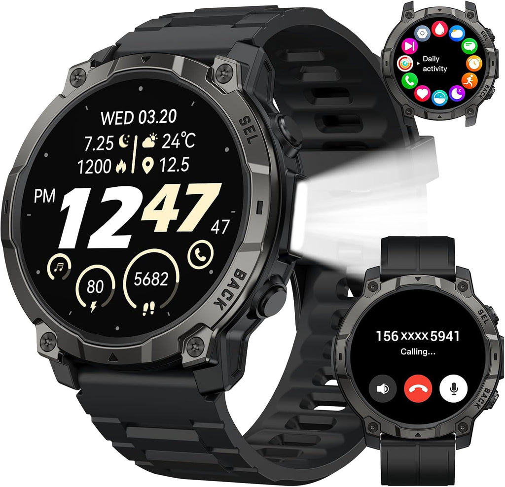 Reloj inteligente militar para hombre, rastreador de actividad física de 1.39 pulgadas con luz LED, contador de pasos, monitor de calorías de sueño, impermeable, 420 mAh, reloj inteligente