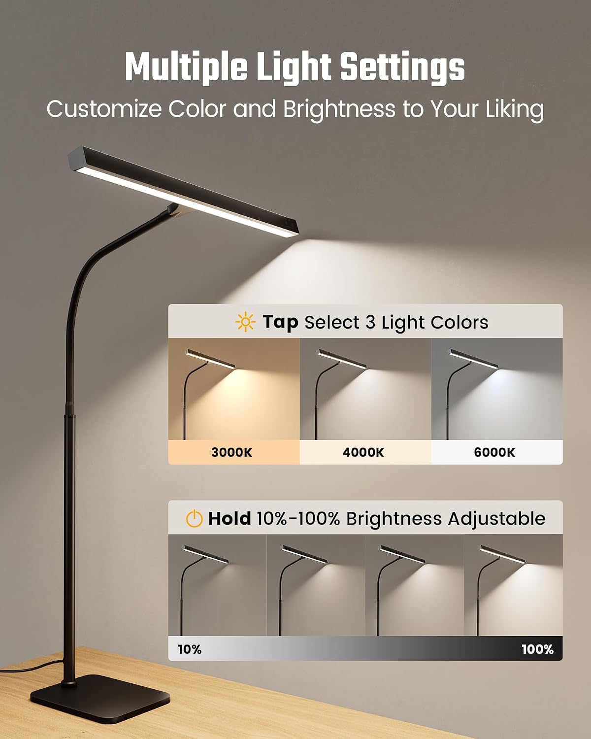 Lámpara SUPERDANNY Lámpara LED de escritorio para el hogar y la oficina, luz para el cuidado de los ojos con base, lámpara de 12W con control táctil, 3 colores, brillo regulable, lámpara de cuello de cisne