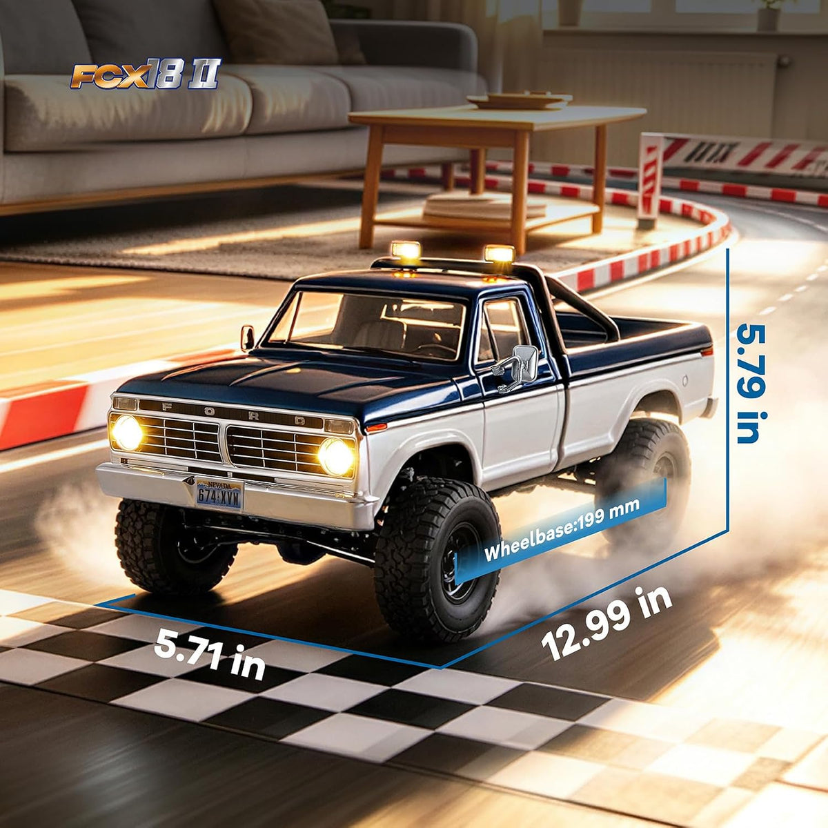 BEEZRC FMS FCX18 II Ford F-100 - Crawler con licencia oficial, camión magnético de liberación rápida a control remoto, chasis LCG, oruga de roca todoterreno para adultos, RTR cepillado (distancia