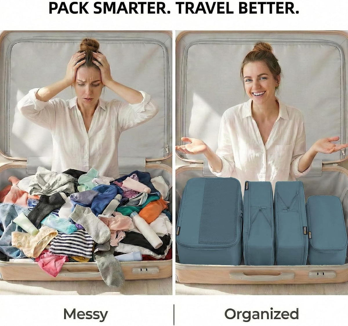 Cubos de embalaje de compresión para viajes, juego de 4 cubos de embalaje ligeros para maletas y mochilas, organizador que ahorra espacio para ropa, Gris Azul 4M