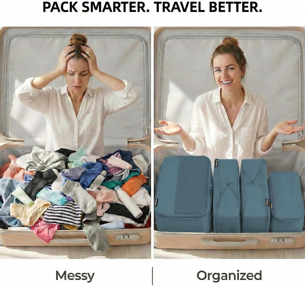 4 cubos grandes de compresión para viajes de 7 a 14 días, gris y azul