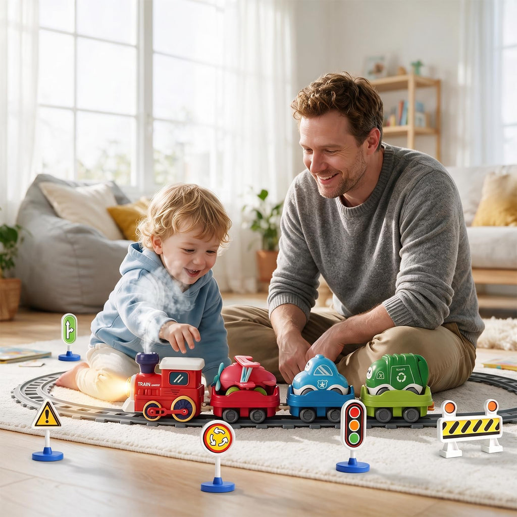 Juego de tren eléctrico para niños pequeños con vapor, luces y música