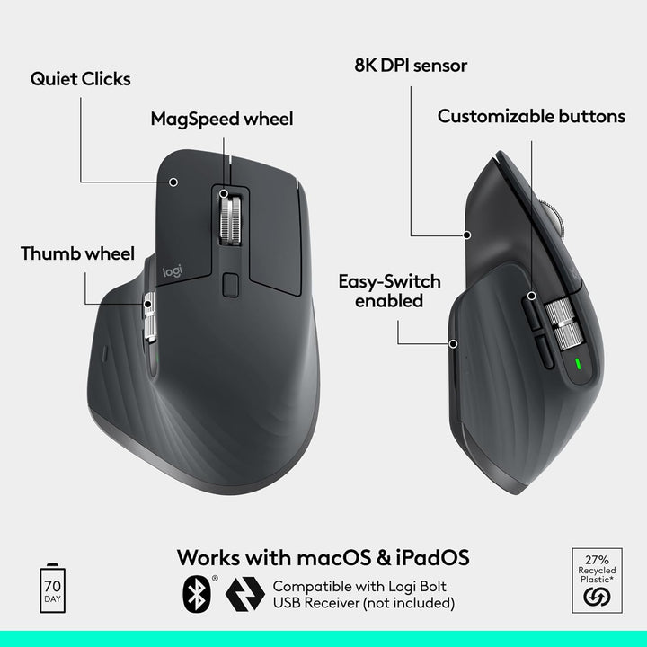 Logitech MX Master 3S Mouse Inalámbrico Edición Estándar con Recept...