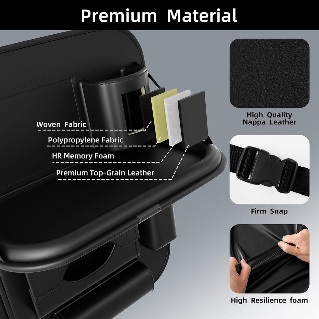 Paquete de 2 Organizadores Universales de Cuero Premium Plegables para Asiento Trasero de Automóvil con Bandeja de Mesa, Protector de Respaldo de Asiento de Automóvil con Bolsa de Basura