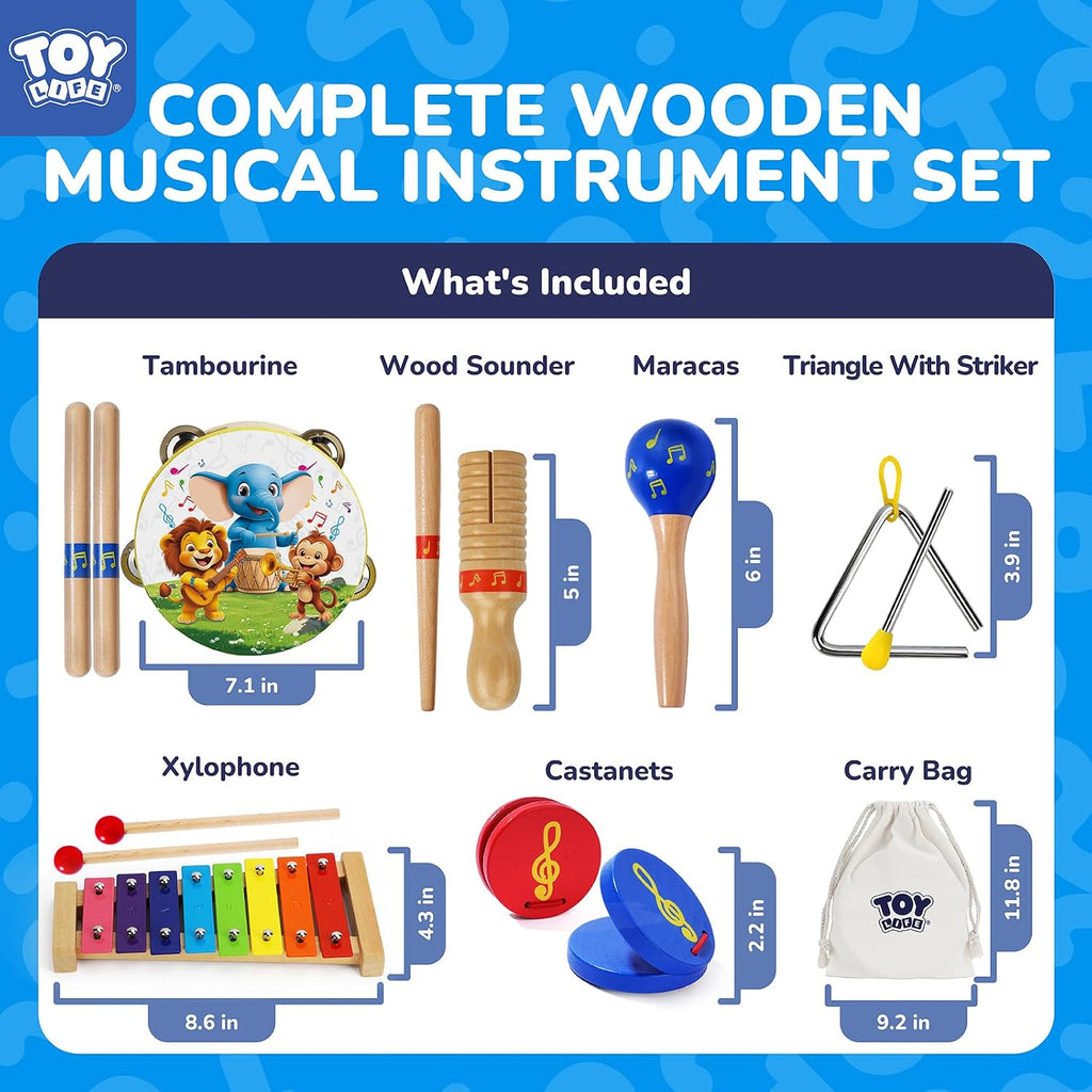 TOY Life Instrumentos musicales para niños pequeños, juguetes musicales para bebés de 1 a 3 años, juguetes de madera Montessori, juego de instrumentos de percusión con pandereta xilófono Maracas para niños de educación preescolar