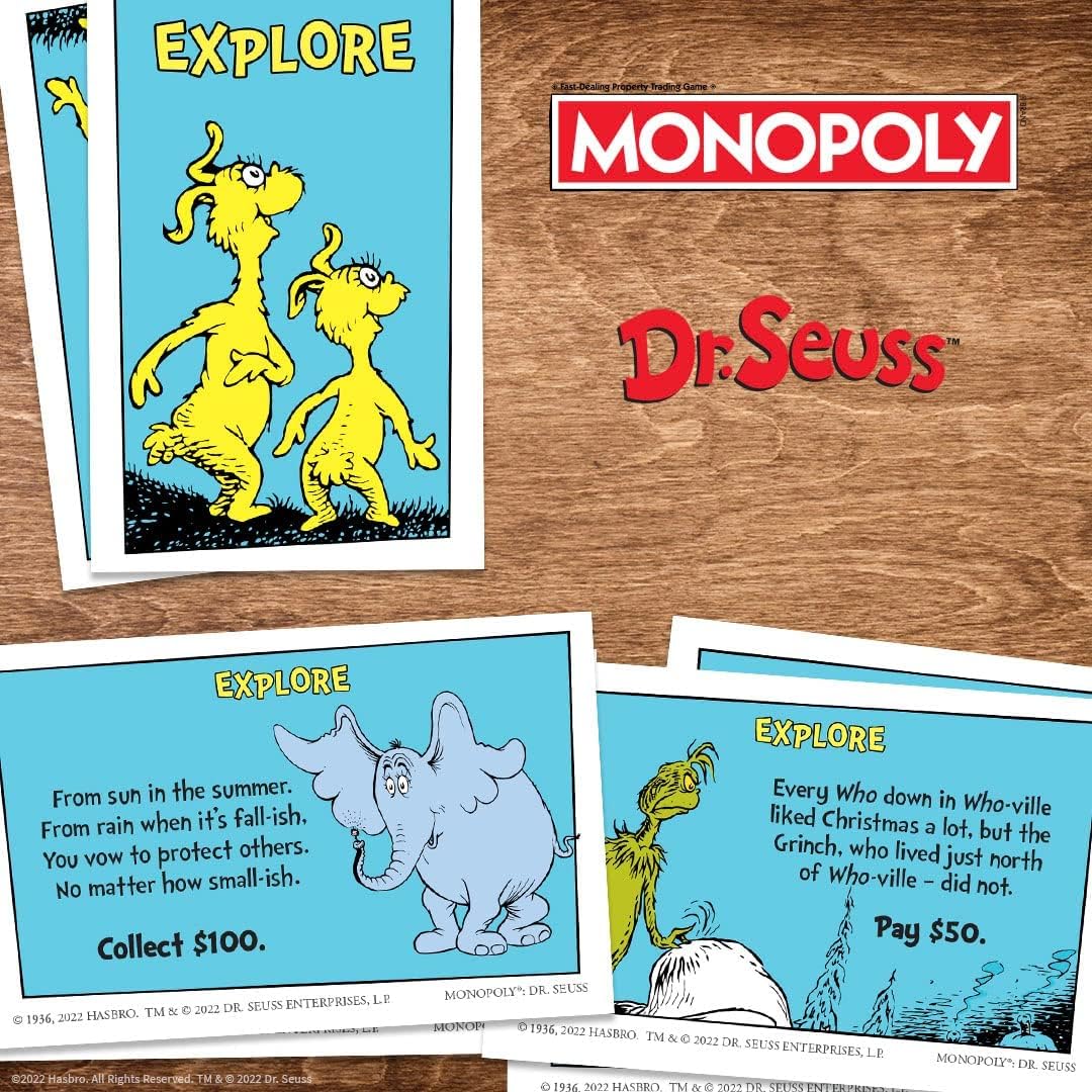 Monopoly: Dr. Seuss | Compra y vende libros | Juego clásico coleccionable de monopolio con tablero de juego personalizado y obras de arte | Juego y mercancía con licencia oficial
