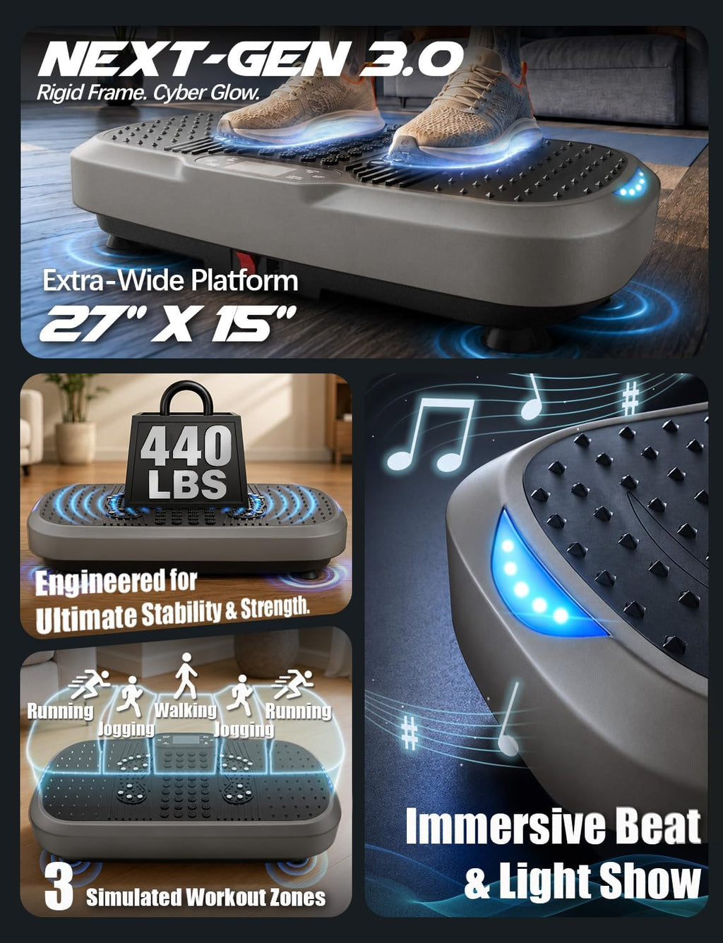 Máquina de ejercicio con plataforma vibratoria de alta resistencia, 440 lb, 200W, Bluetooth y LED