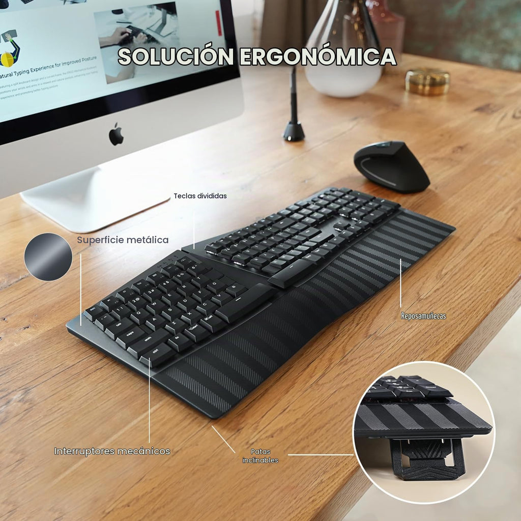 Perixx PERIBOARD-535BL [Firmware actualizado] Teclado mecánico ergonómico con cable, tamaño completo, interruptores azules de perfil bajo, compatible con Windows y macOS
