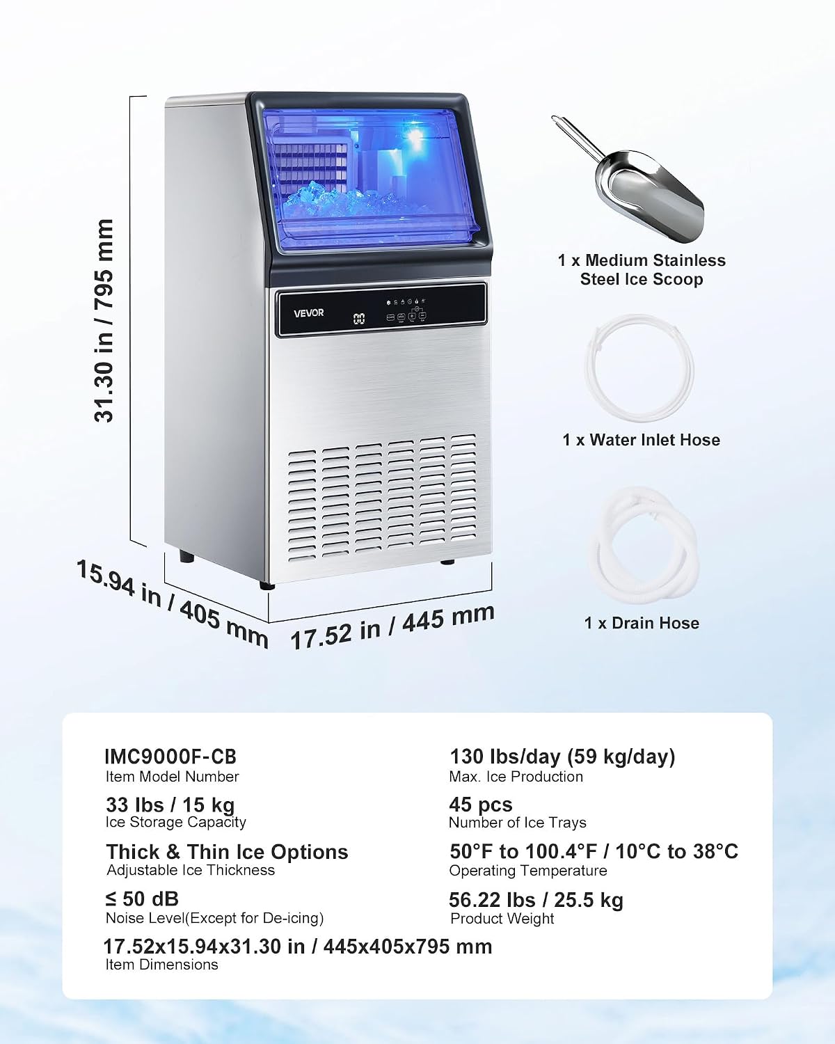 VEVOR Máquina comercial para hacer hielo, producción de hielo de 120 libras/24 horas, contenedor de almacenamiento de 19 a 33 libras, 45 cubos por ciclo, acero inoxidable debajo del mostrador y