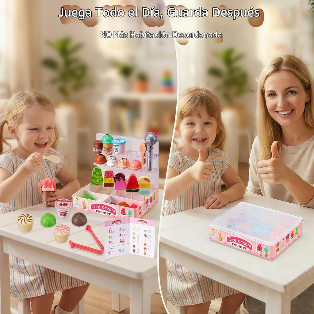 Ehome - Juguete plegable de helado para niños, juego de comida con pantalla de almacenamiento, juego de helados para niños pequeños, regalos de cumpleaños para niñas de 3 a 6 años (rosa)