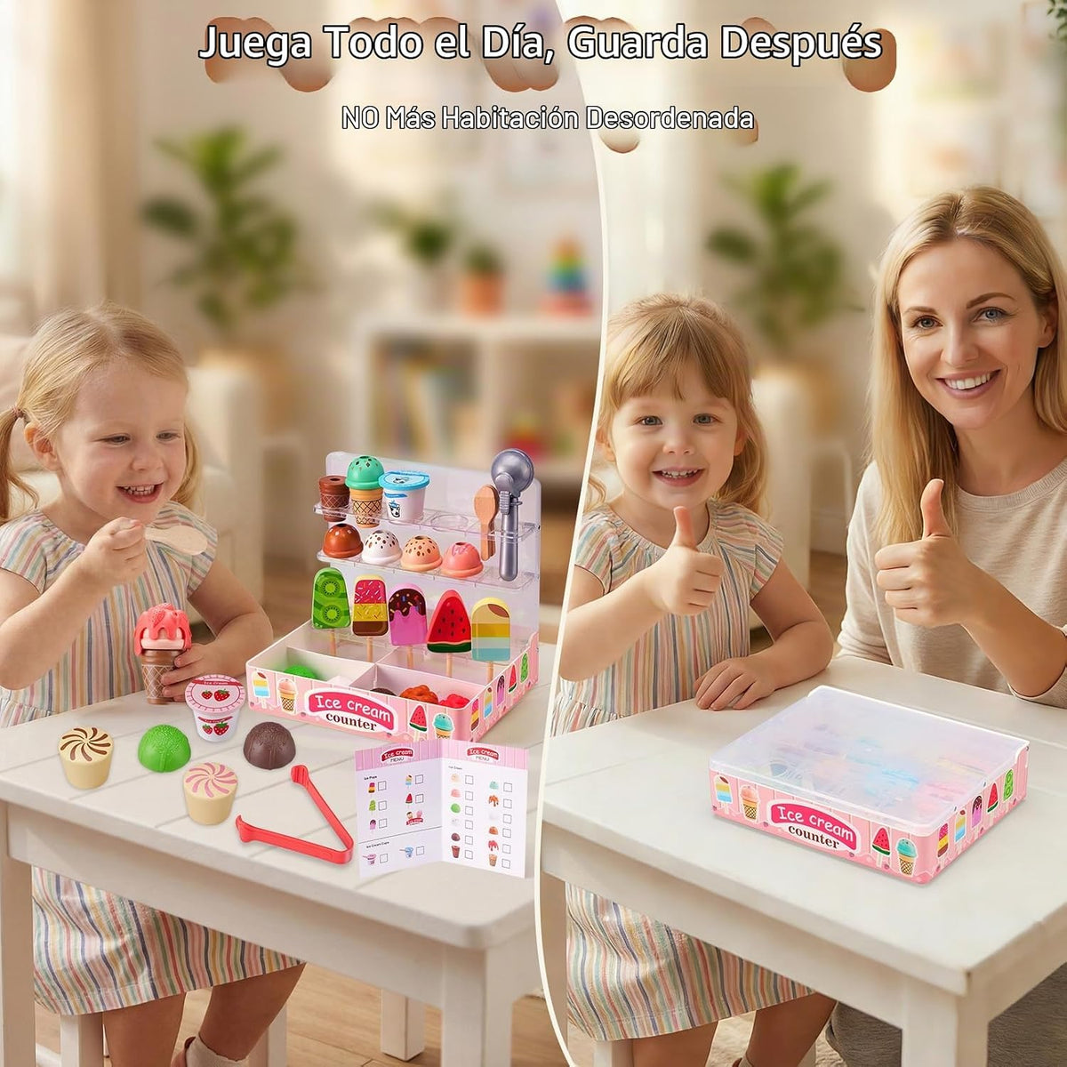 Ehome - Juguete plegable de helado para niños, juego de comida con pantalla de almacenamiento, juego de helados para niños pequeños, regalos de cumpleaños para niñas de 3 a 6 años (rosa)