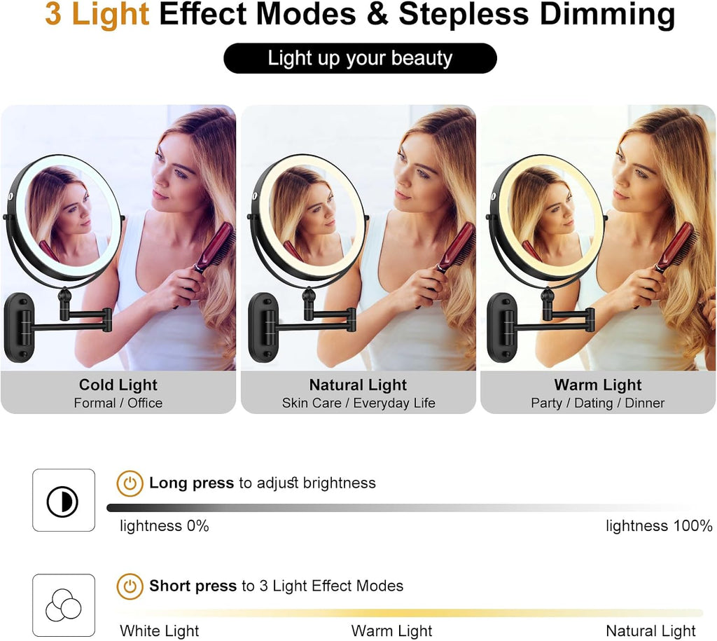 Espejo de maquillaje iluminado de pared de 9 pulgadas, espejo de aumento de doble cara recargable de 4000 mAh 1X/10X con luz, 3 luces de color, regulable al tacto, espejo de maquillaje montado en la pared con brazo extendido de rotación de 360 grados