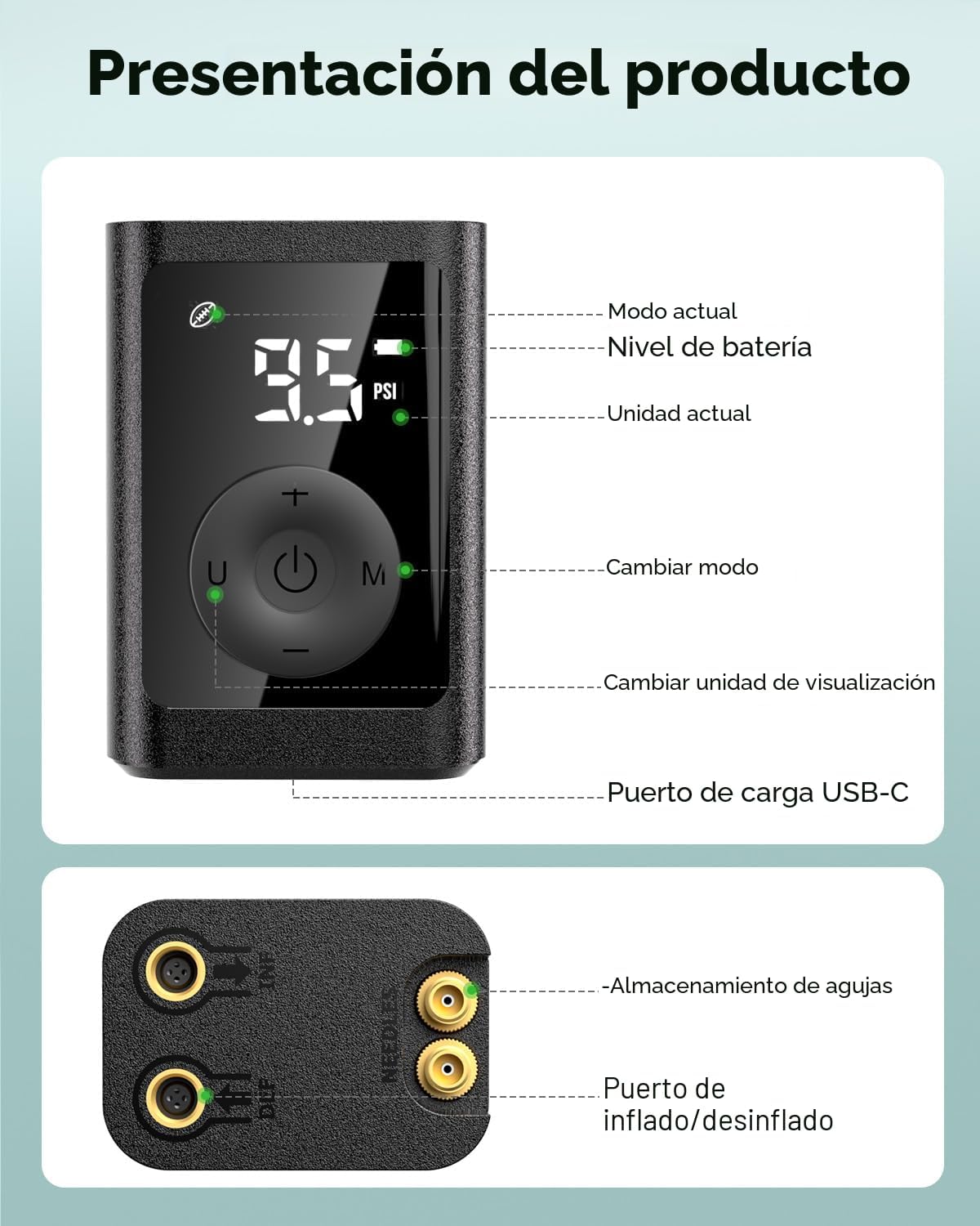 ETENWOLF Bomba de bola eléctrica de inflado y desinflado de 2 a 17 PSI, bomba de baloncesto con manómetro preciso, bomba de aire recargable para pelotas, bomba de aire de pelota de fútbol
