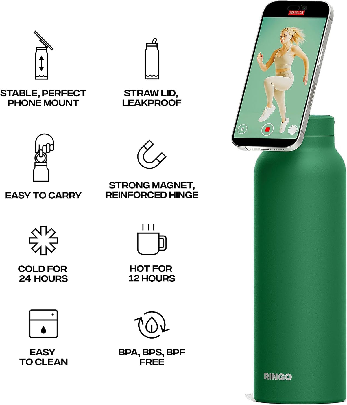 RINGO PRO Botella de agua aislada, soporte magnético para trípode para teléfono, verde, 24 onzas