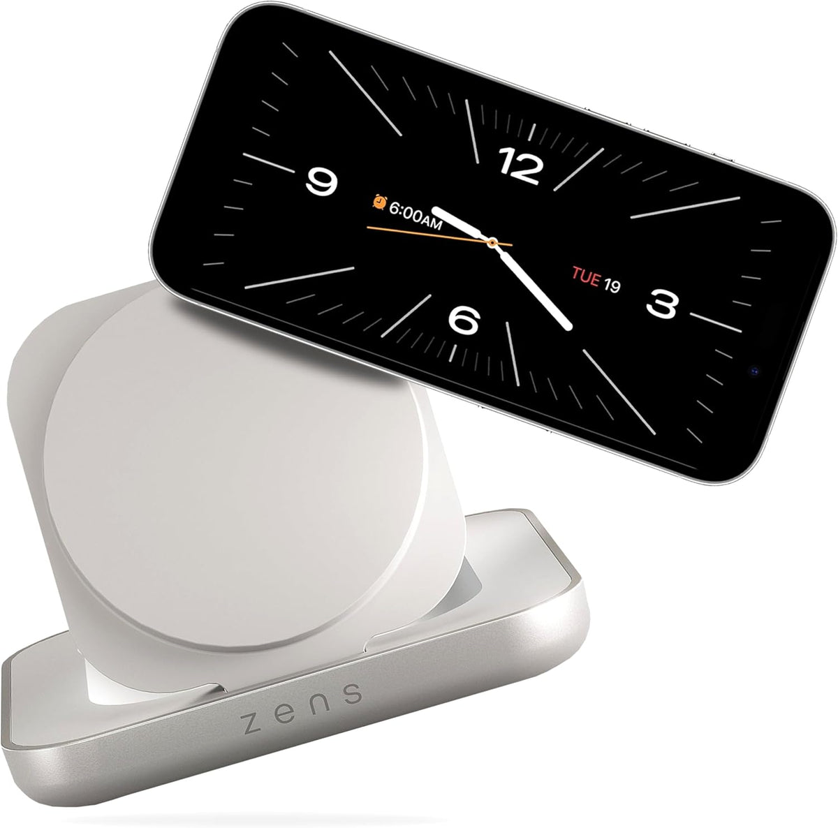 Zens Cargador magnético para mesita de noche, MagSafe Qi2 de 15 W, solo horizontal (sin vertical), modo de espera, compatible con iPhone 17/16/15/14/13/12, adaptador de 20 W, color blanco
