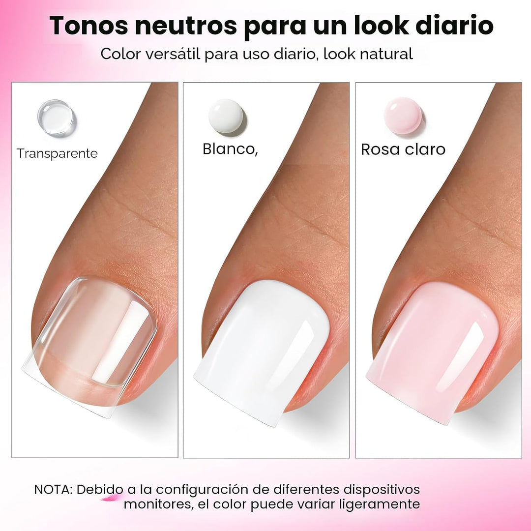 GlimightyX Kit de uñas de Polygel, blanco transparente, rosa con fo...