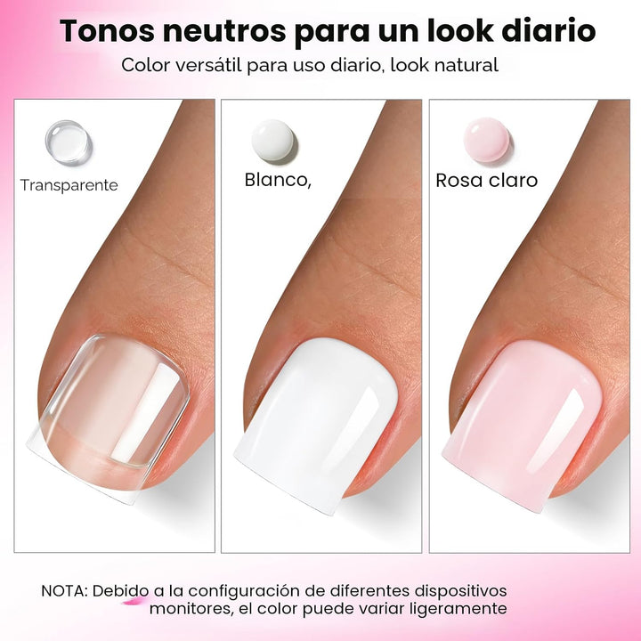 GlimightyX Kit de uñas de Polygel, blanco transparente, rosa con fo...