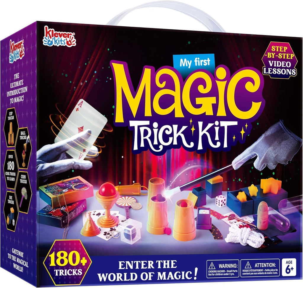 JOVA Klever Kits 180+ Magic Set - My First Magic Trick Kit- Increíble juguete de mago con lecciones de video paso a paso, para niños mayores de 6 años, trucos fáciles de varita y tarjetas de ilusión