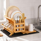 Greenual Escurridor de platos de bambú con soporte para utensilios, estante plegable de 3 niveles, estantes de madera para encimera de cocina, soporte de secado plegable grande con tapete absorbente para secar platos