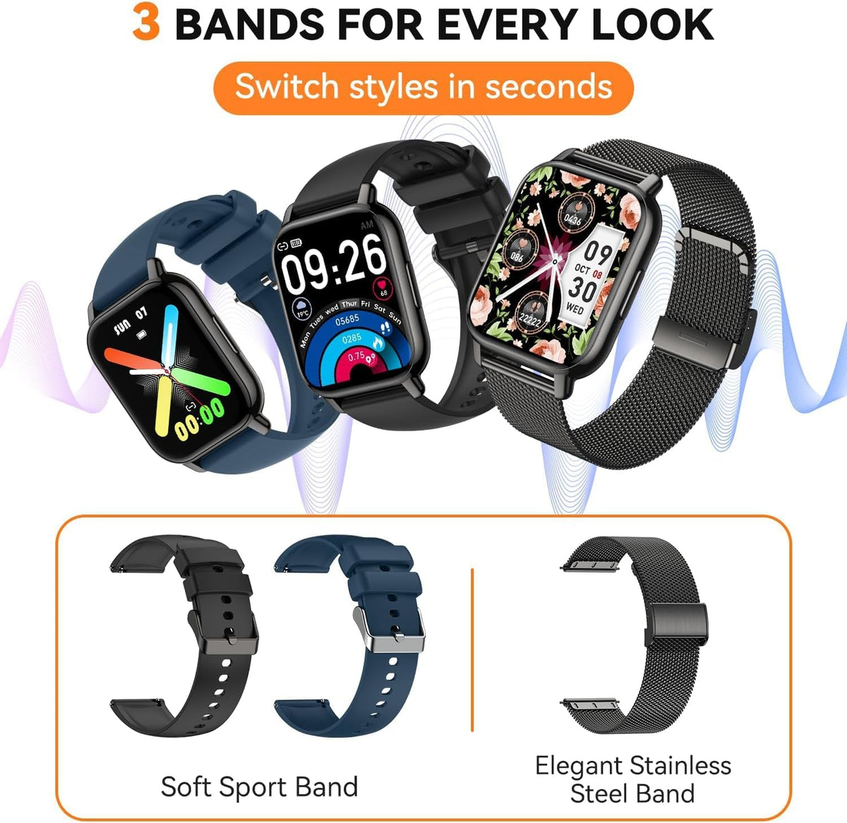 Reloj inteligente para mujer (3 bandas), reloj inteligente con llamadas Bluetooth y control de voz AI, pantalla HD de 1.85 pulgadas, monitor de frecuencia cardíaca/SpO2, rastreador de sueño, compatible con Android iOS (negro)
