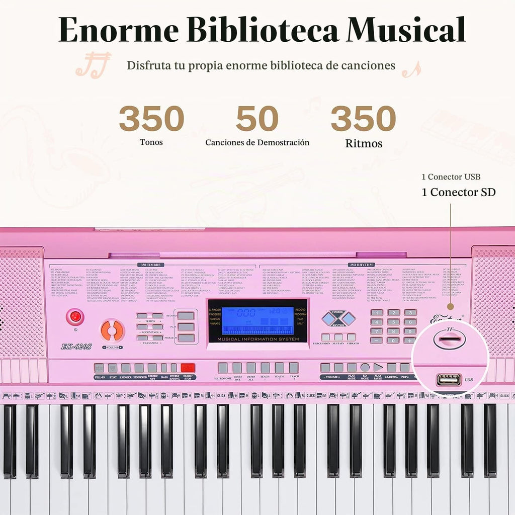 Eastar Kit de piano de teclado electrónico de 61 teclas para principiantes, piano electrónico digital para niños con soporte, banco, soporte de música y micrófono, rosa, instrumento musical, regalos de cumpleaños para niños, niñas e hija