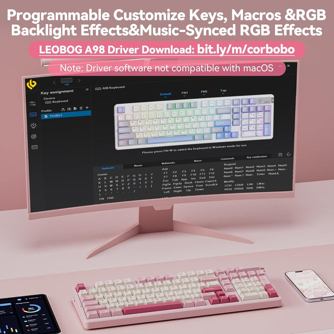 LEOBOG Teclado mecánico inalámbrico A98, Tri-Mode BT5.0\/2.4GHz\/US...
