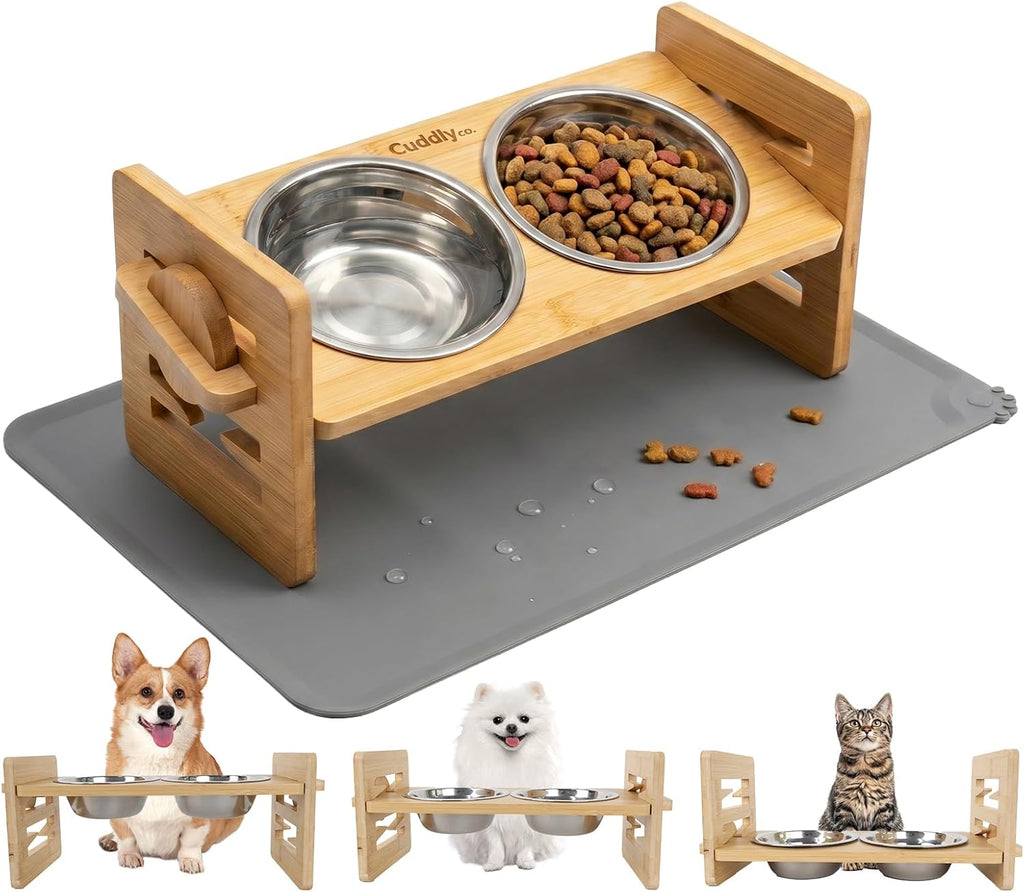 Cuencos elevados para perros y gatos pequeños, soporte elevado ajustable para perros con 6 alturas, inclinación de 15°, alfombrilla de silicona a prueba de derrames, 2 cuencos de acero inoxidable, comedero de bambú