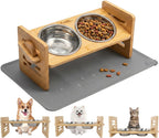 Cuencos elevados para perros y gatos pequeños, soporte elevado ajustable para perros con 6 alturas, inclinación de 15°, alfombrilla de silicona a prueba de derrames, 2 cuencos de acero inoxidable, comedero de bambú