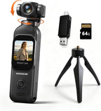 Kaysunlink Cámara de vlogging 1080P con lente giratoria de 270°, cámara de bolsillo POV de mano con pantalla táctil y WIFI, 5 horas de potencia, videocámara de grabación con un botón con tarjeta de 64