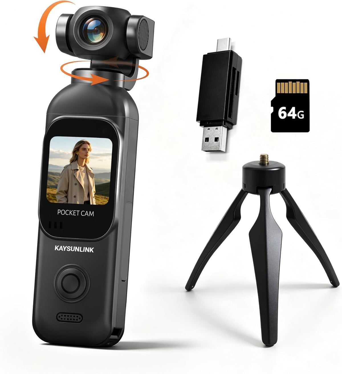 Kaysunlink Cámara de vlogging 1080P con lente giratoria de 270°, cámara de bolsillo POV de mano con pantalla táctil y WIFI, 5 horas de potencia, videocámara de grabación con un botón con tarjeta de 64