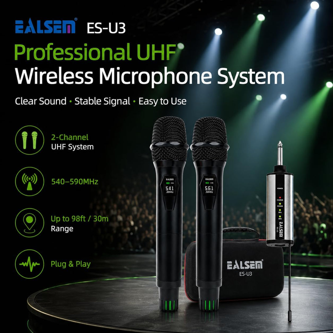 ealsem U3 UHF Sistema de micrófono inalámbrico de doble canal para...